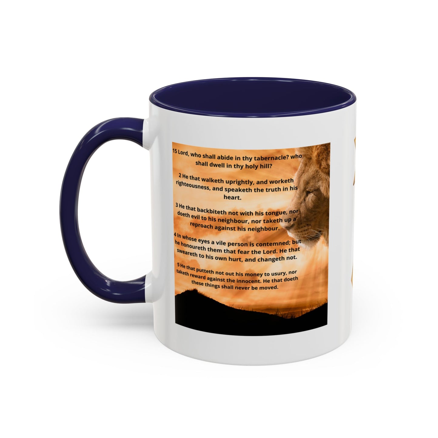 PSALM 15 ENG / SPA Inspirational Lion Accent Coffee Mug | Faith Mug, Motivational Gift, Nature Lover's Cup, Home Decor, Office Drinkware