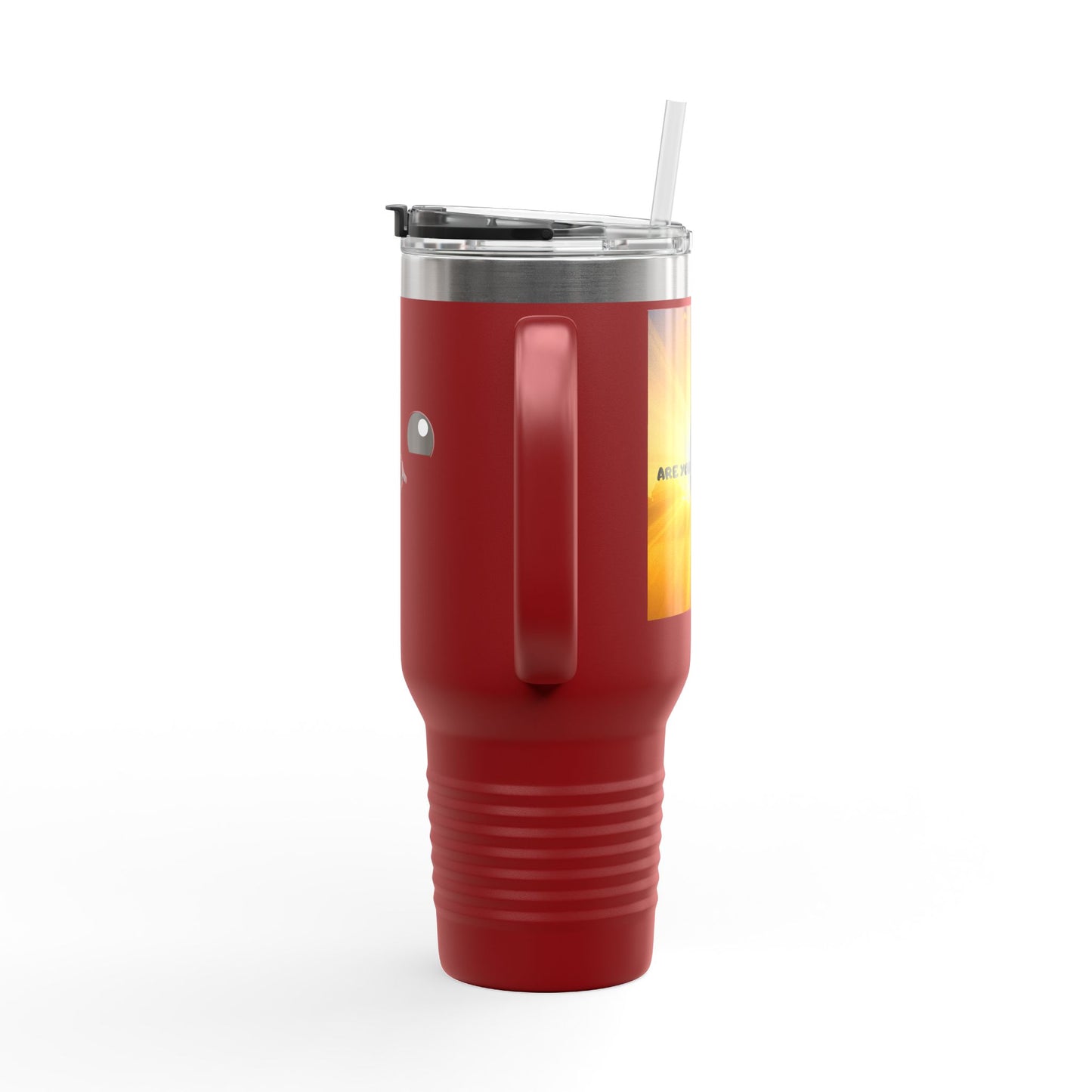 40oz Insulated Travel Mug — Cute Kawaii Face "Live" Design, Large Vacuum Tumbler with Straw