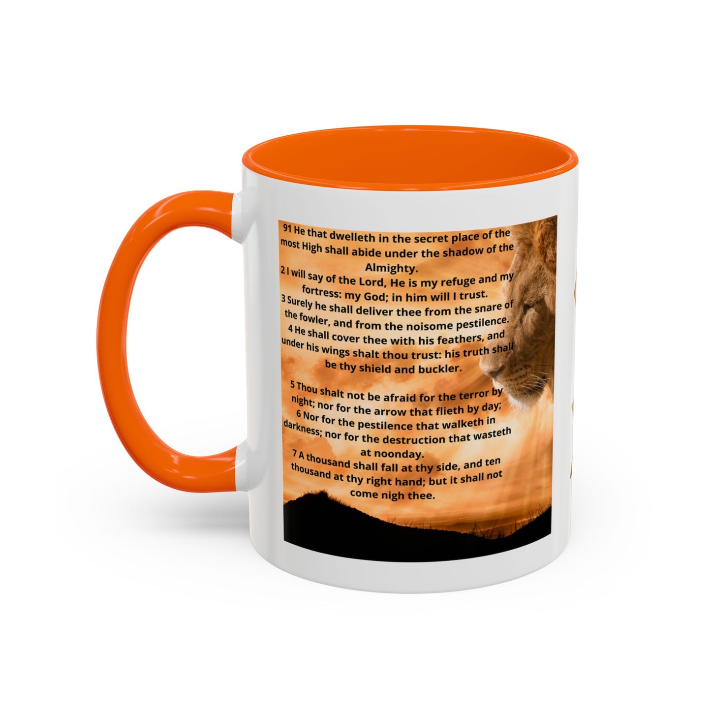 PSALM 91 Inspirational Lion Accent Coffee Mug | Motivational Gift, Scripture Mug, Unique Home Decor, Faith-Based Coffee Cup, Lion Design