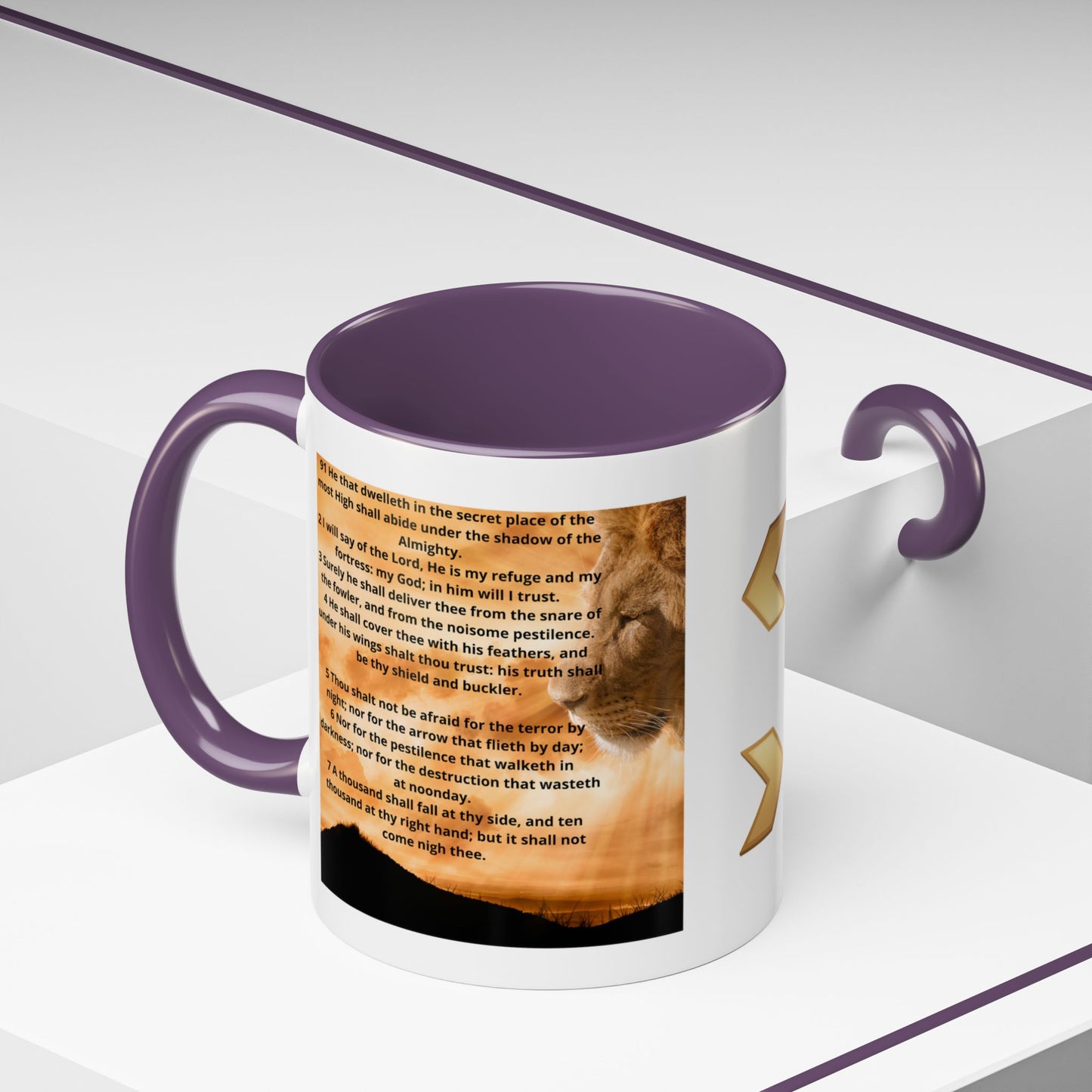 PSALM 91 Inspirational Lion Accent Coffee Mug | Motivational Gift, Scripture Mug, Unique Home Decor, Faith-Based Coffee Cup, Lion Design