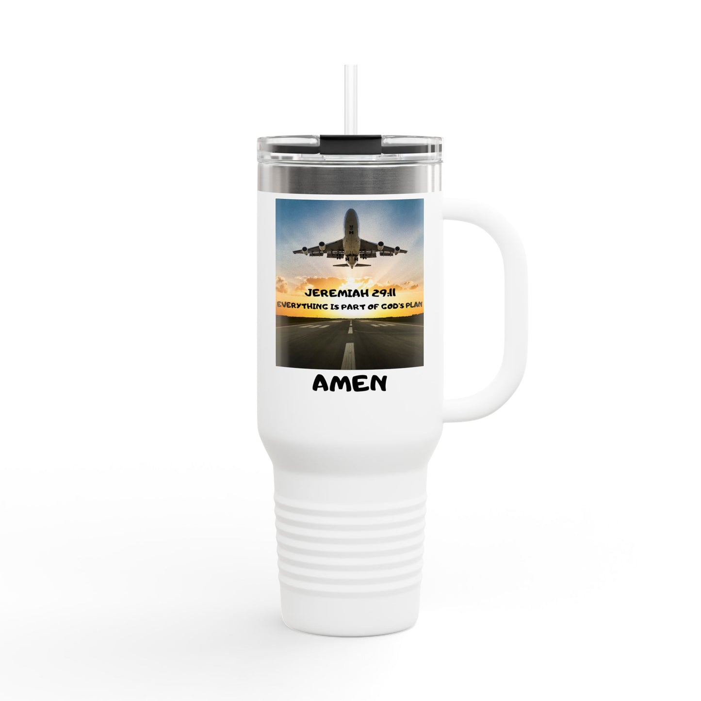 Insulated Travel Mug — 'Jeremiah 29:11' Airplane Prayer Design (Amen)
