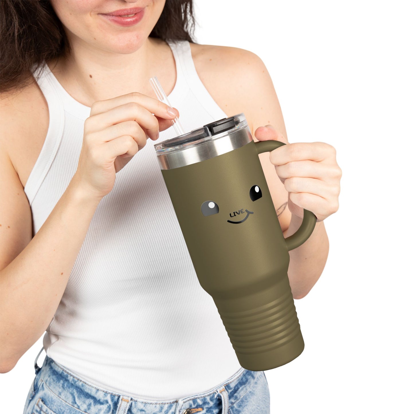 40oz Insulated Travel Mug — Cute Kawaii Face "Live" Design, Large Vacuum Tumbler with Straw