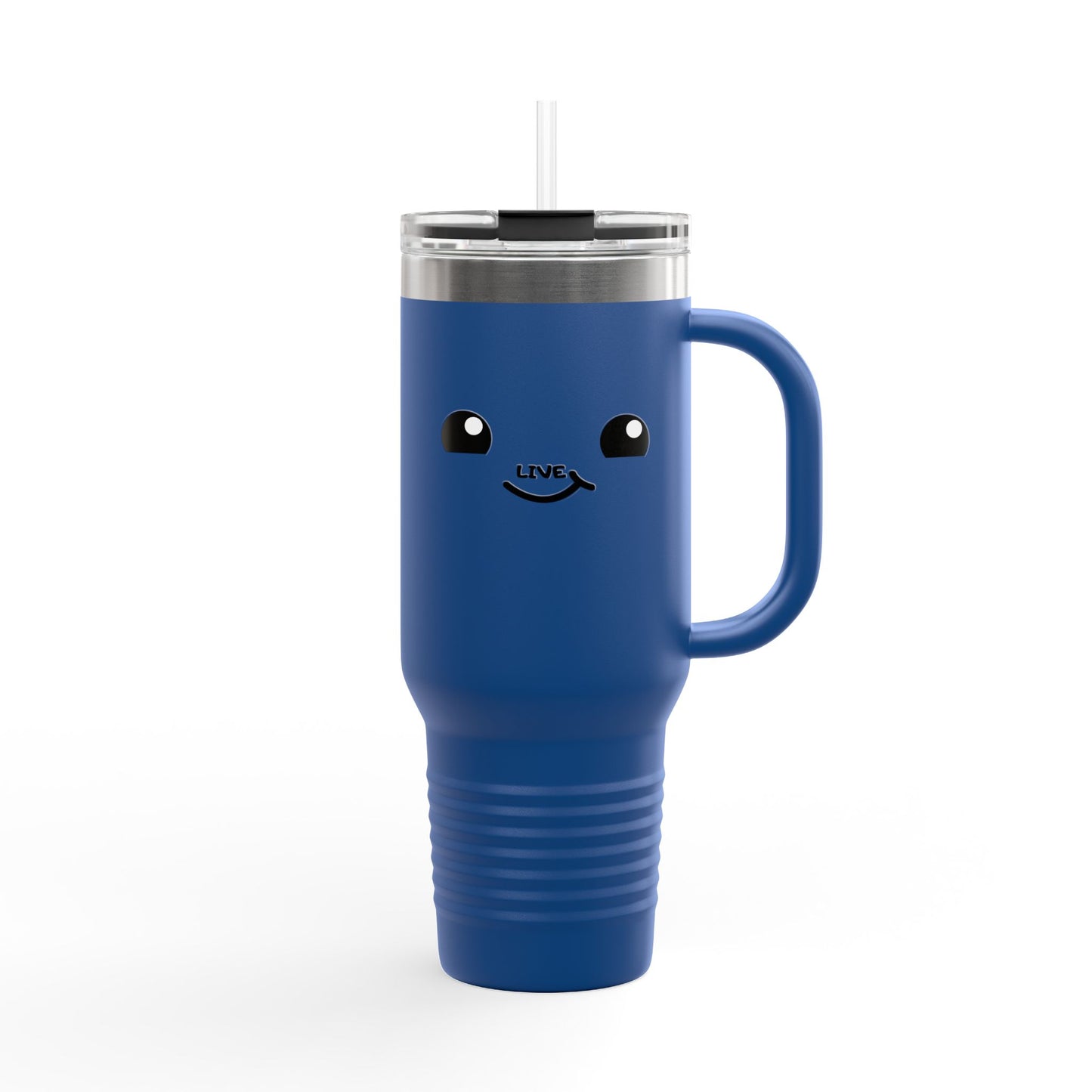 40oz Insulated Travel Mug — Cute Kawaii Face "Live" Design, Large Vacuum Tumbler with Straw