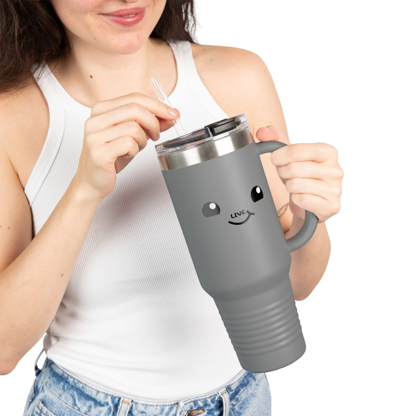 40oz Insulated Travel Mug — Cute Kawaii Face "Live" Design, Large Vacuum Tumbler with Straw