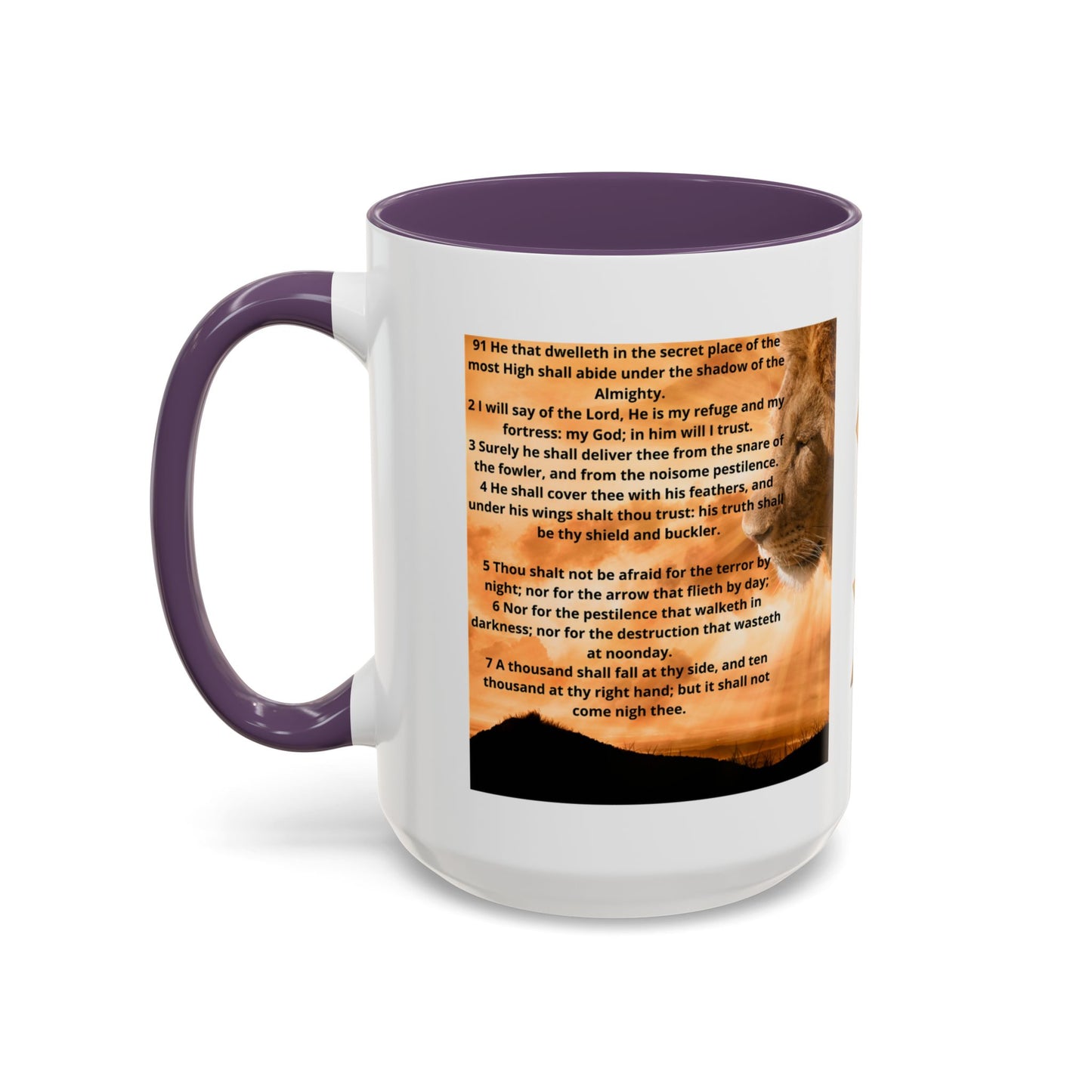 PSALM 91 Inspirational Lion Accent Coffee Mug | Motivational Gift, Scripture Mug, Unique Home Decor, Faith-Based Coffee Cup, Lion Design