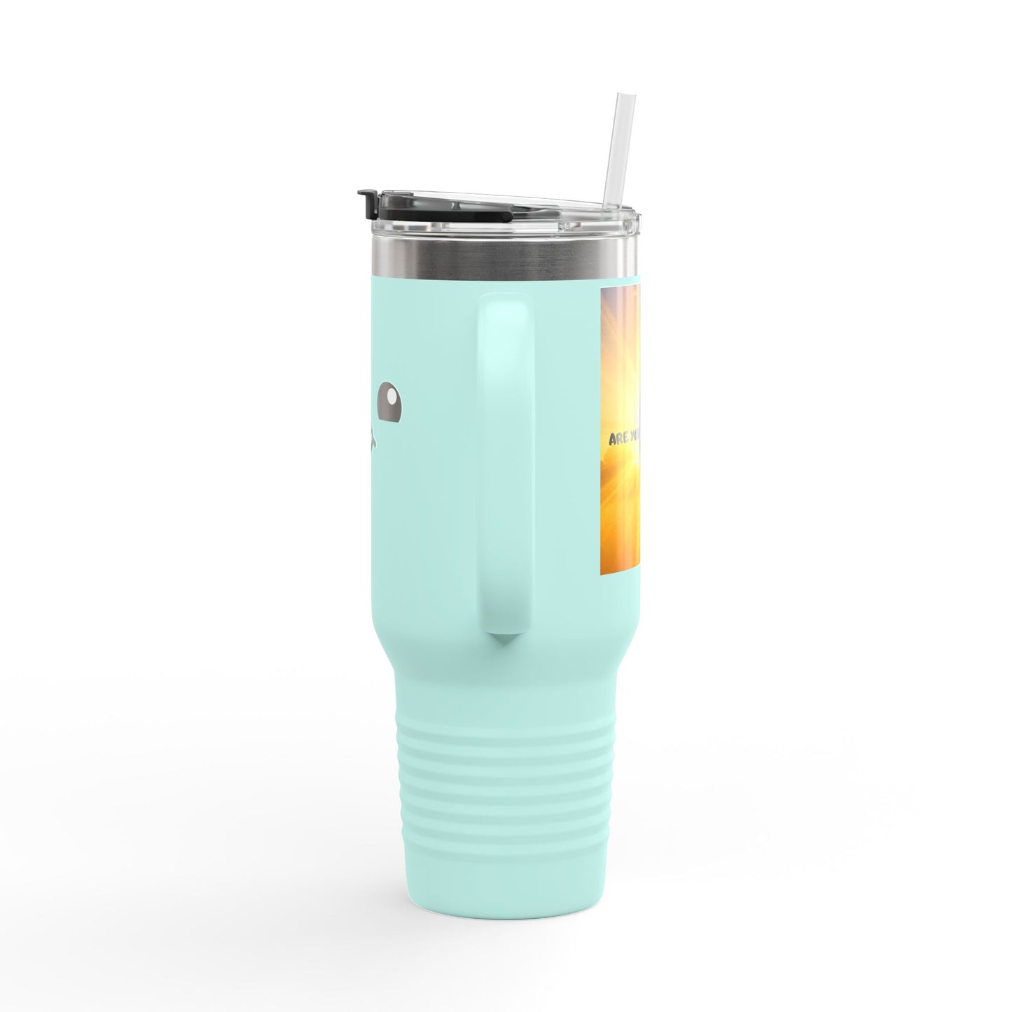 40oz Insulated Travel Mug — Cute Kawaii Face "Live" Design, Large Vacuum Tumbler with Straw