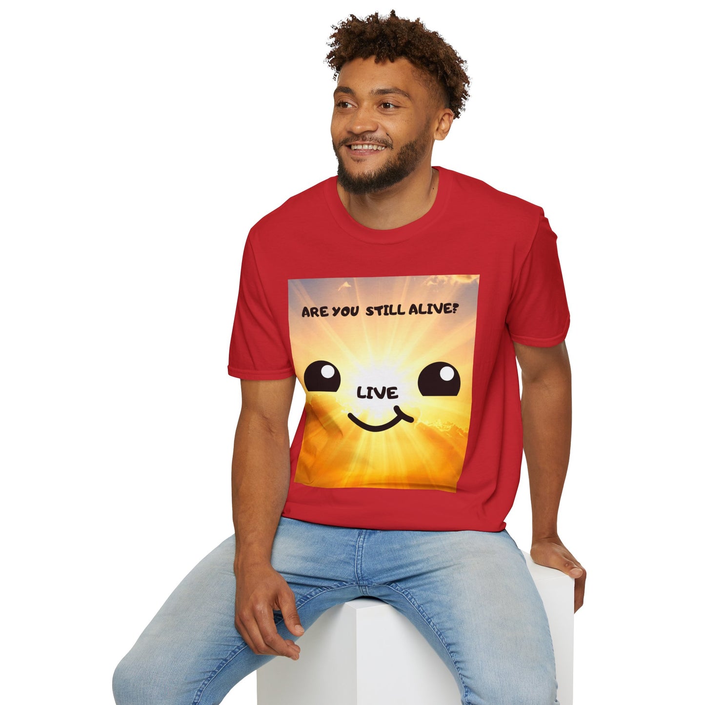 Live Smiley T-Shirt — 'Are You Still Alive?' Sunburst Positive Tee