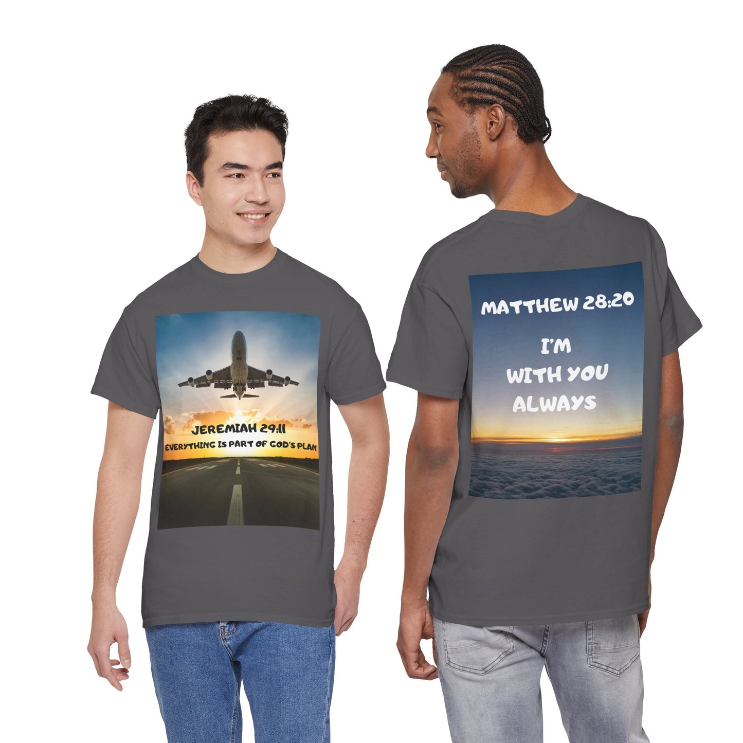 Faith Travel T‑Shirt — “Jeremiah 29:11 / Matthew 28:20” Inspirational Plane Tee