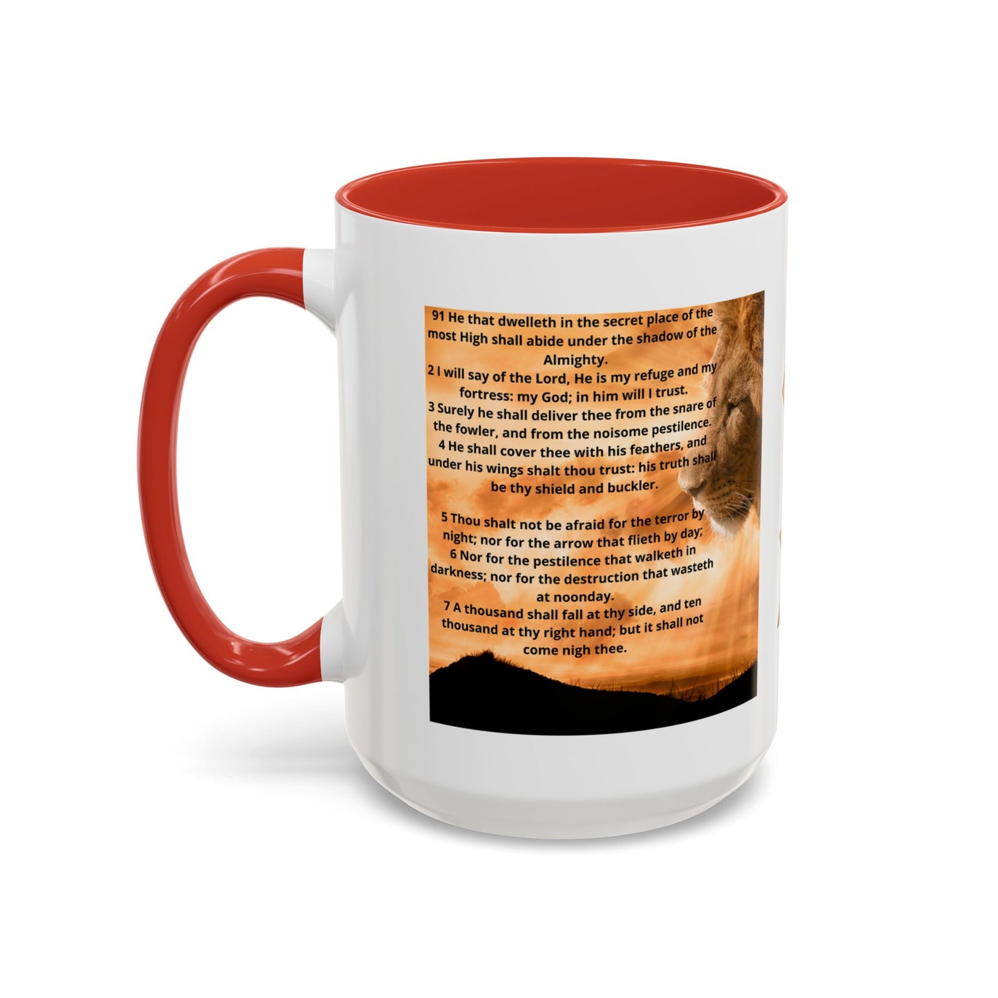 PSALM 91 Inspirational Lion Accent Coffee Mug | Motivational Gift, Scripture Mug, Unique Home Decor, Faith-Based Coffee Cup, Lion Design