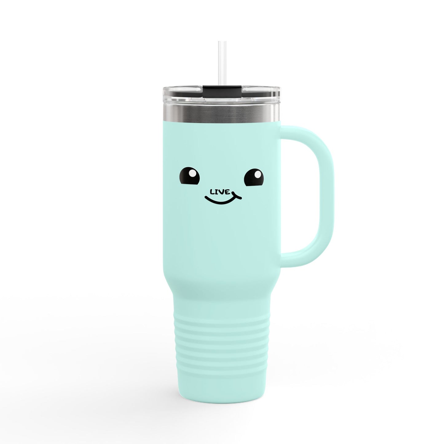 40oz Insulated Travel Mug — Cute Kawaii Face "Live" Design, Large Vacuum Tumbler with Straw