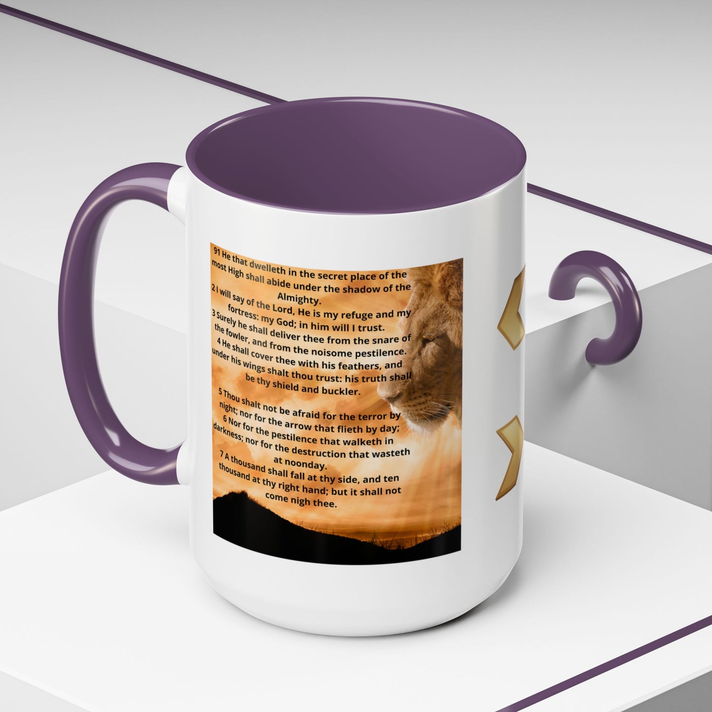 PSALM 91 Inspirational Lion Accent Coffee Mug | Motivational Gift, Scripture Mug, Unique Home Decor, Faith-Based Coffee Cup, Lion Design