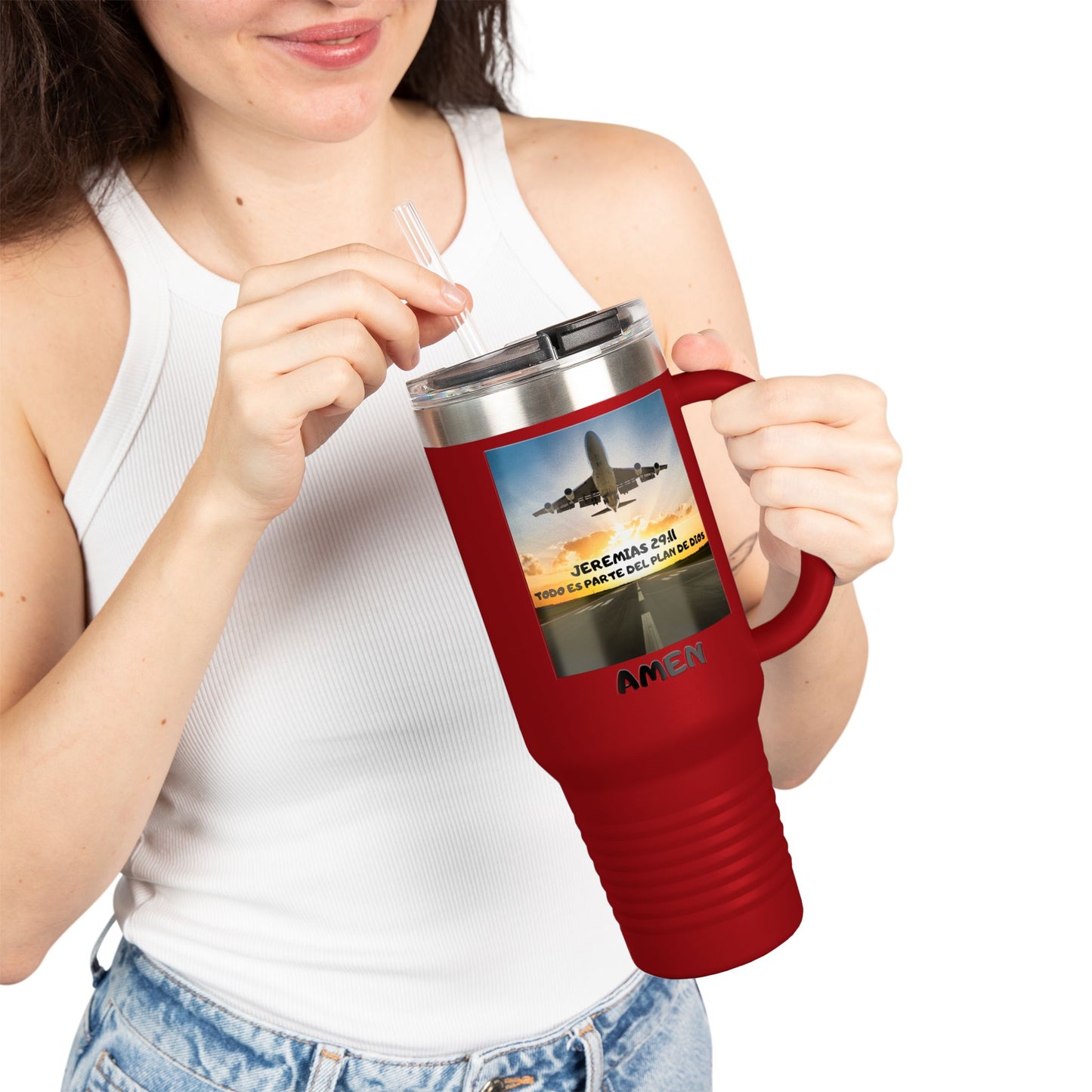 40oz Insulated Travel Mug — Airplane Sunset Design with "Amen" & Jeremiah 29:11 Verse