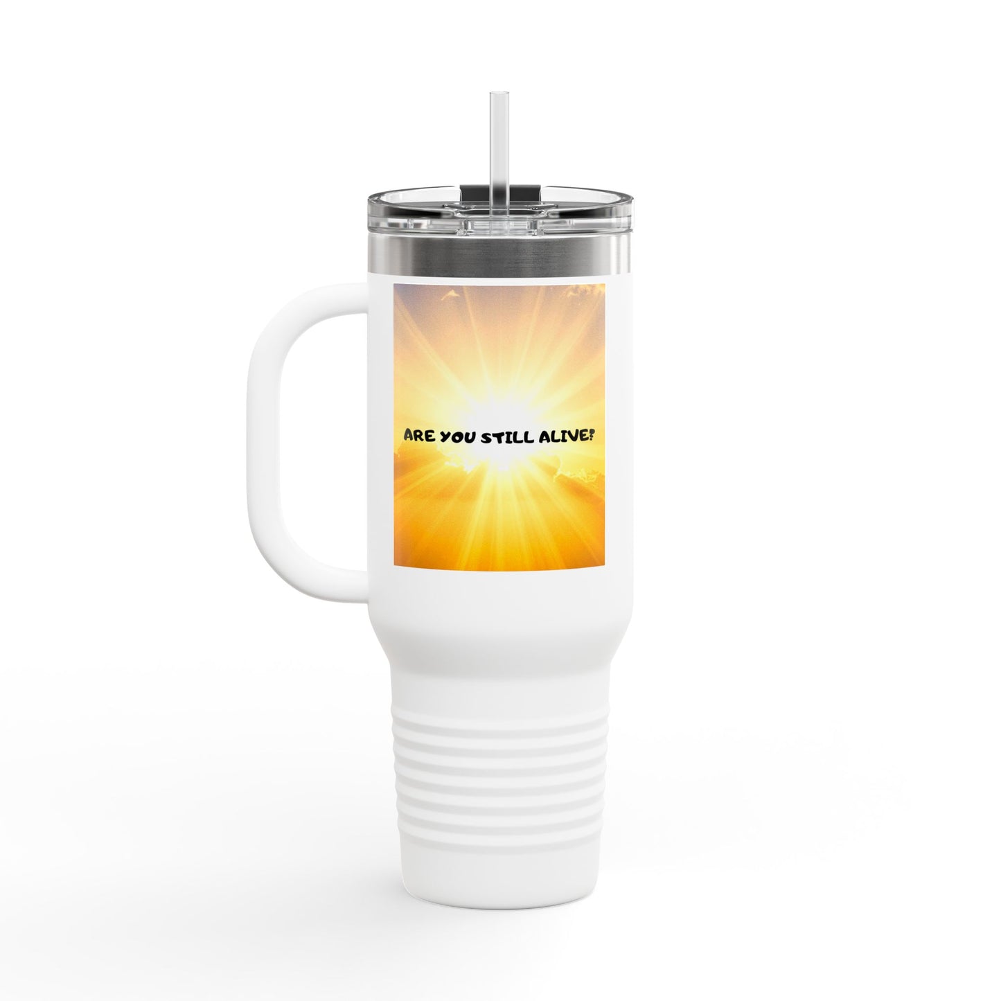 40oz Insulated Travel Mug — Cute Kawaii Face "Live" Design, Large Vacuum Tumbler with Straw