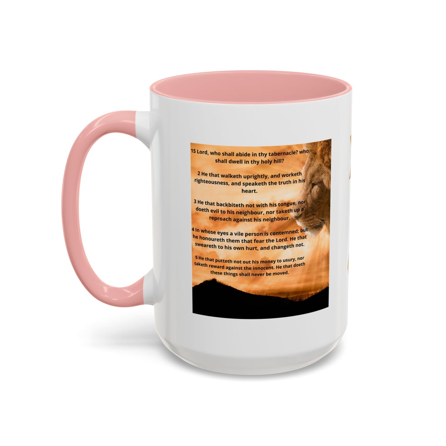 PSALM 15 ENG / SPA Inspirational Lion Accent Coffee Mug | Faith Mug, Motivational Gift, Nature Lover's Cup, Home Decor, Office Drinkware