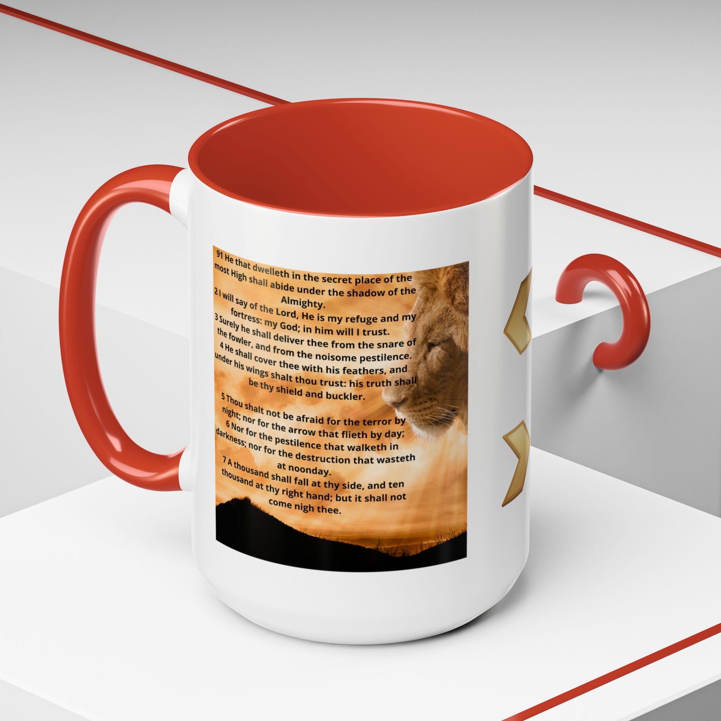 PSALM 91 Inspirational Lion Accent Coffee Mug | Motivational Gift, Scripture Mug, Unique Home Decor, Faith-Based Coffee Cup, Lion Design