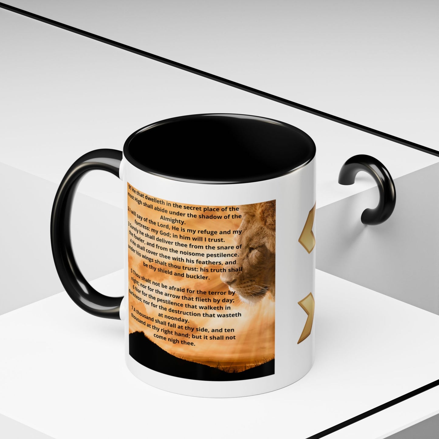 PSALM 91 Inspirational Lion Accent Coffee Mug | Motivational Gift, Scripture Mug, Unique Home Decor, Faith-Based Coffee Cup, Lion Design