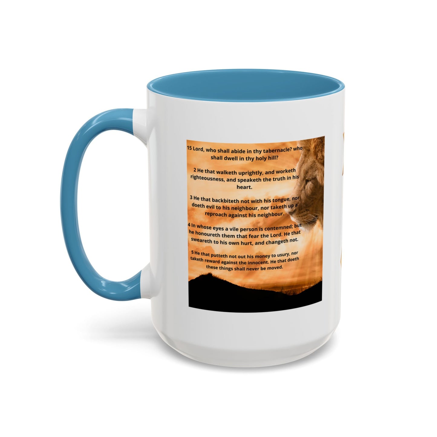 PSALM 15 ENG / SPA Inspirational Lion Accent Coffee Mug | Faith Mug, Motivational Gift, Nature Lover's Cup, Home Decor, Office Drinkware