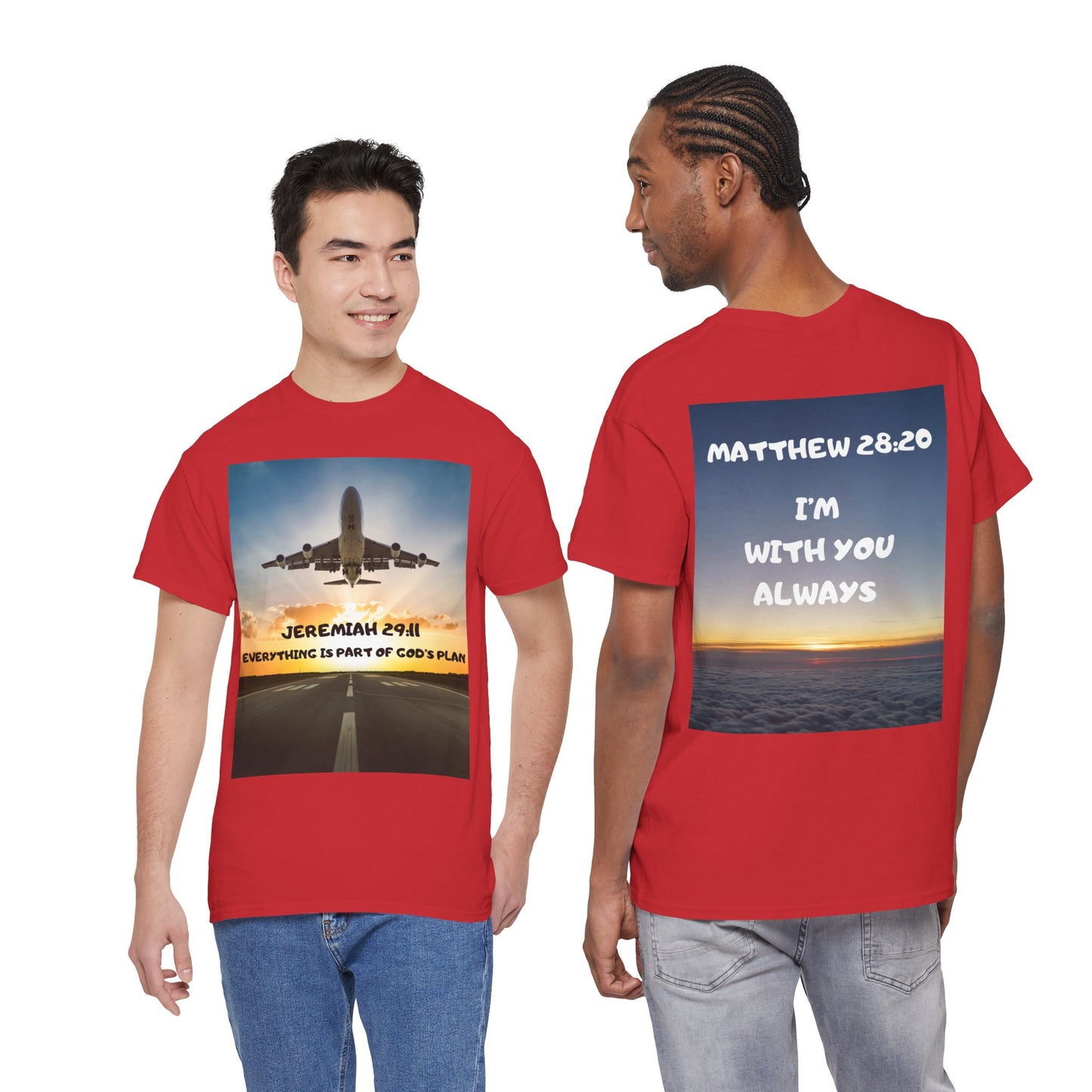 Faith Travel T‑Shirt — “Jeremiah 29:11 / Matthew 28:20” Inspirational Plane Tee