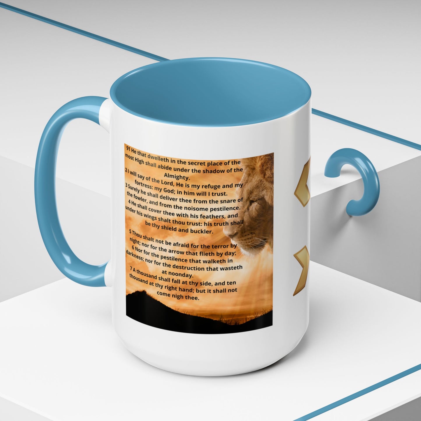 PSALM 91 Inspirational Lion Accent Coffee Mug | Motivational Gift, Scripture Mug, Unique Home Decor, Faith-Based Coffee Cup, Lion Design