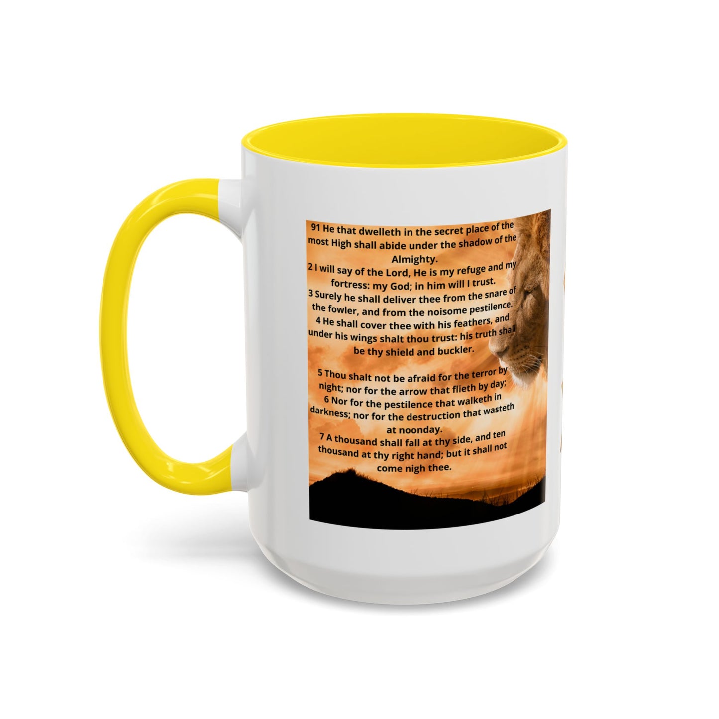 PSALM 91 Inspirational Lion Accent Coffee Mug | Motivational Gift, Scripture Mug, Unique Home Decor, Faith-Based Coffee Cup, Lion Design