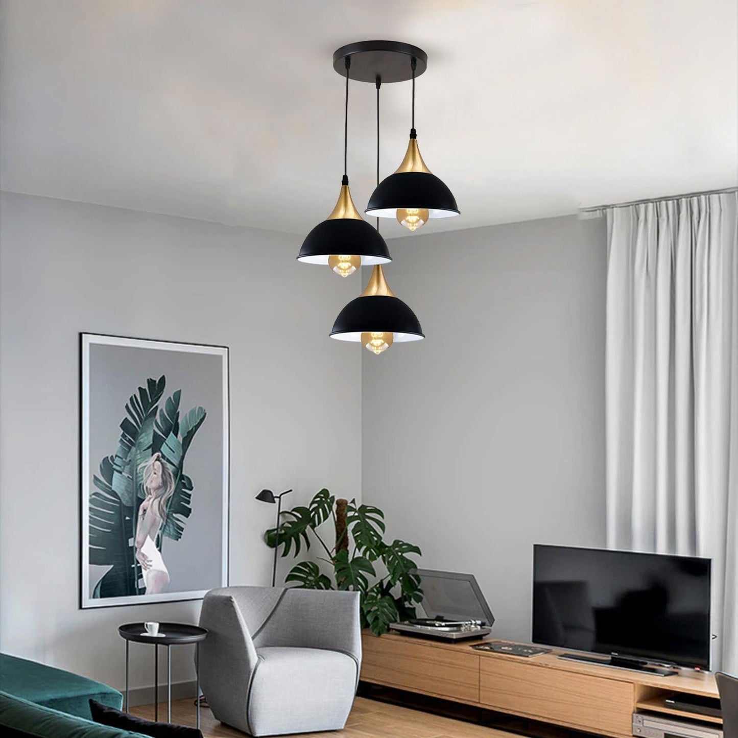 Retro Industrial 3Way Hanging Ceiling Pendant Light Black Dome Shape