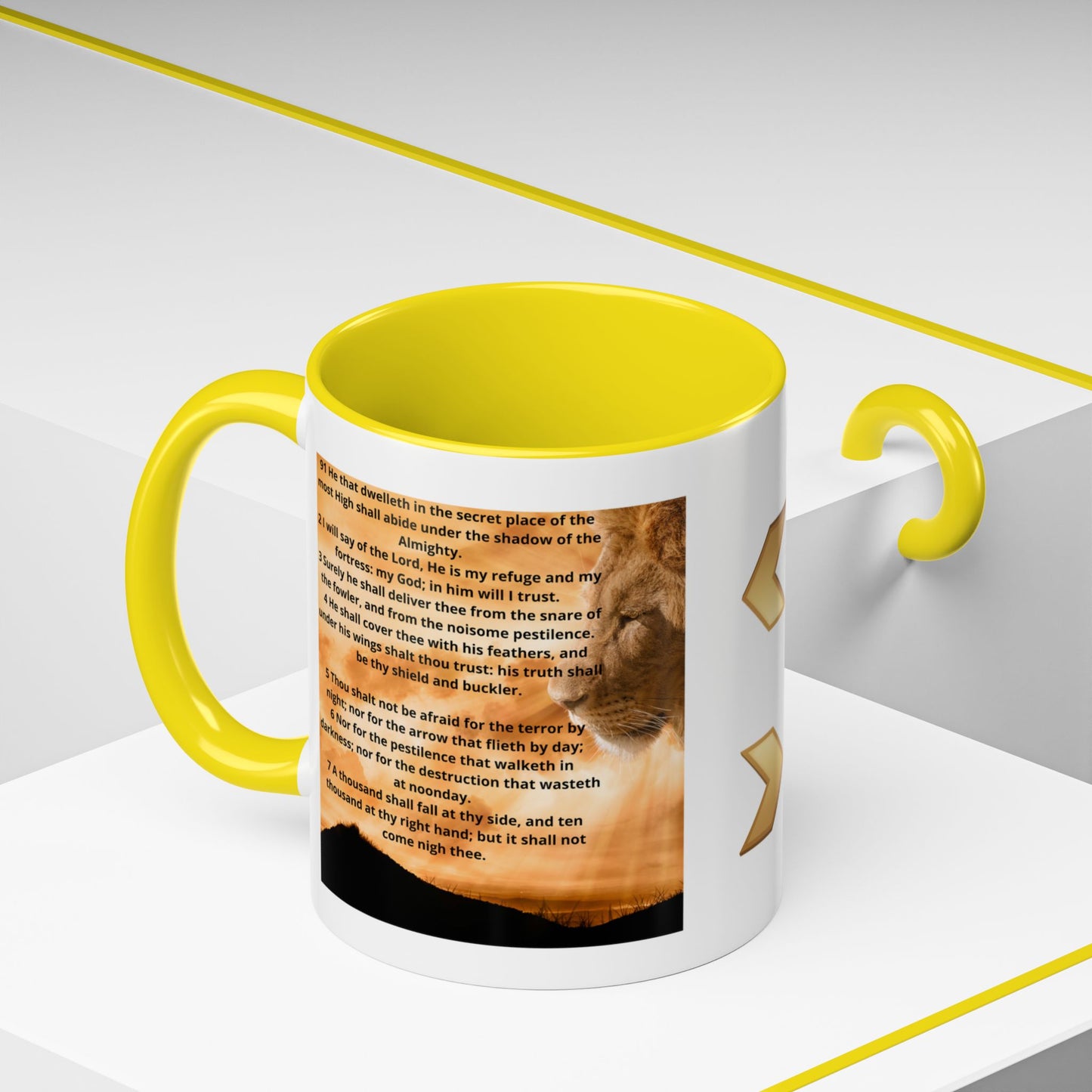 PSALM 91 Inspirational Lion Accent Coffee Mug | Motivational Gift, Scripture Mug, Unique Home Decor, Faith-Based Coffee Cup, Lion Design