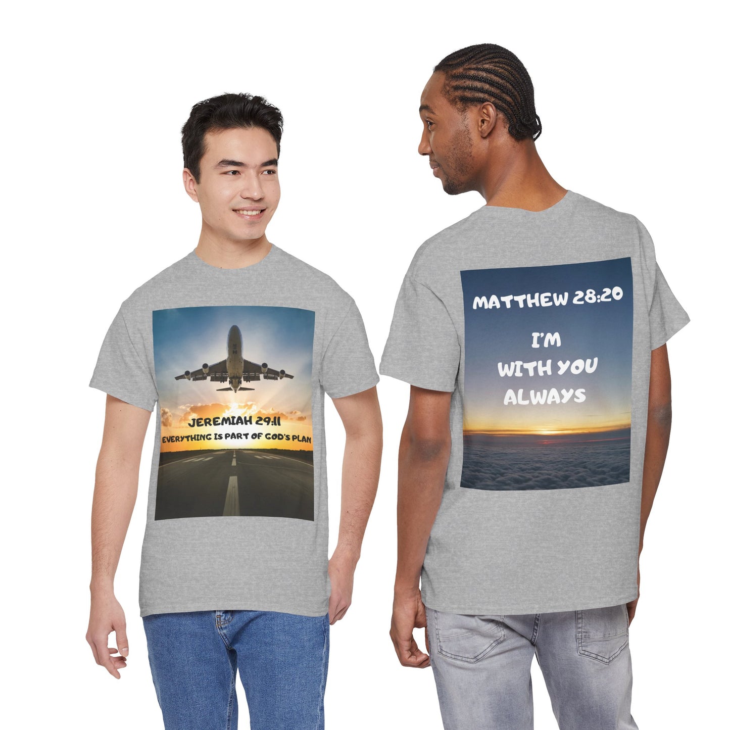Faith Travel T‑Shirt — “Jeremiah 29:11 / Matthew 28:20” Inspirational Plane Tee