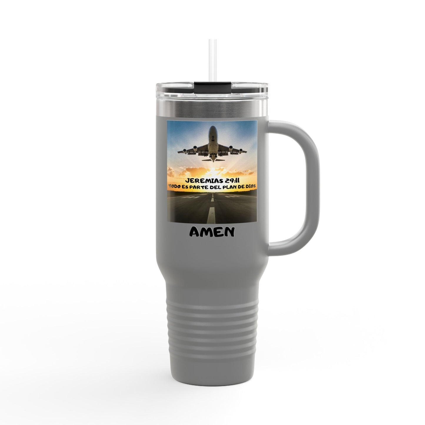 40oz Insulated Travel Mug — Airplane Sunset Design with "Amen" & Jeremiah 29:11 Verse