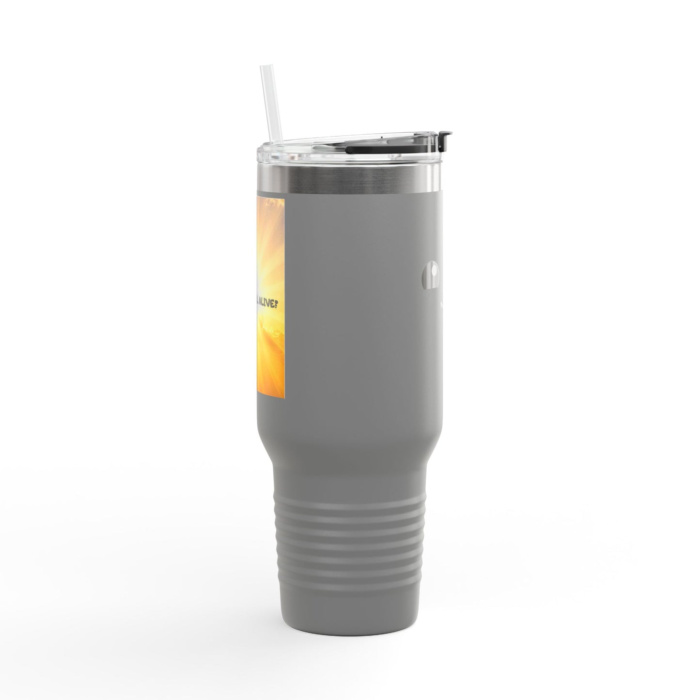 40oz Insulated Travel Mug — Cute Kawaii Face "Live" Design, Large Vacuum Tumbler with Straw