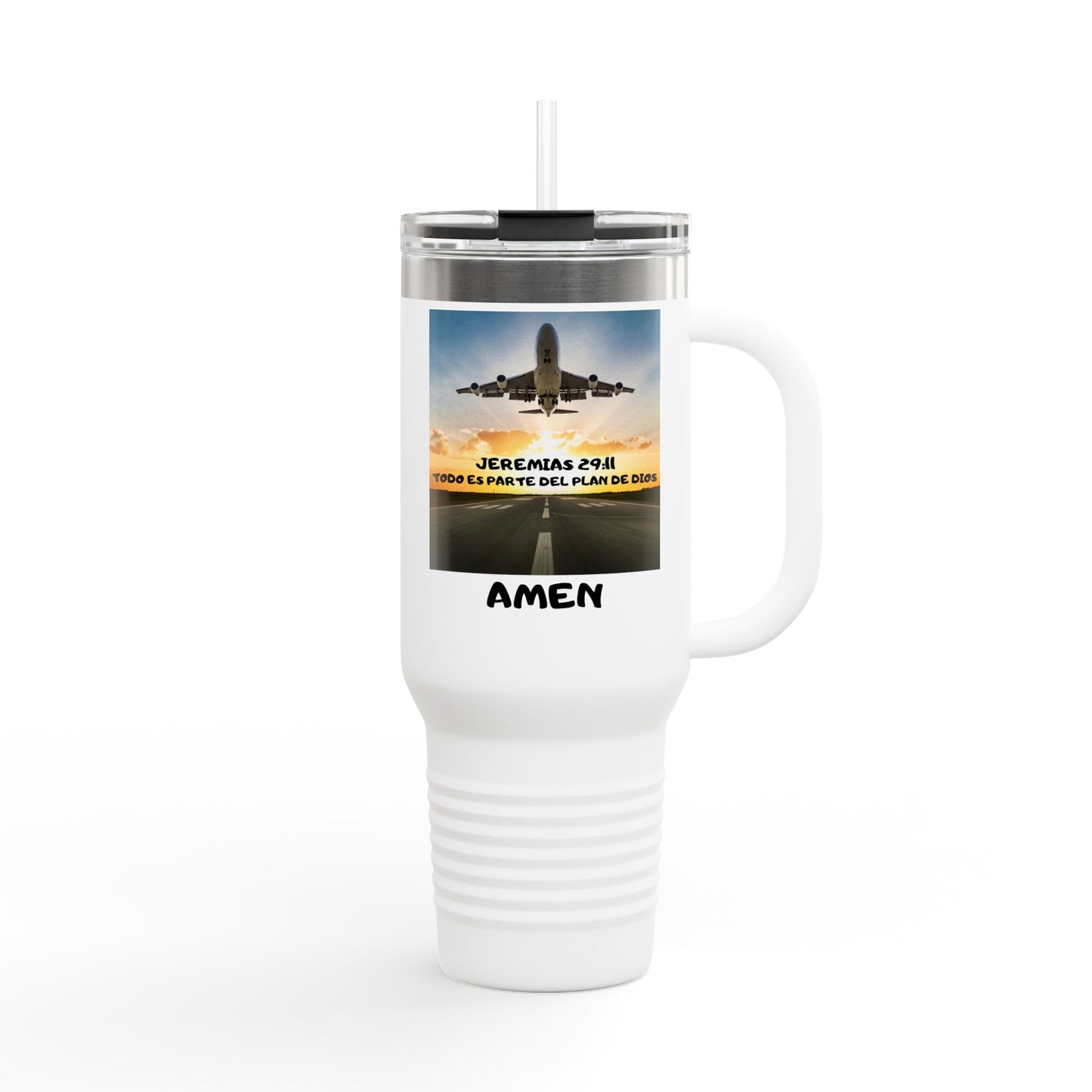 40oz Insulated Travel Mug — Airplane Sunset Design with "Amen" & Jeremiah 29:11 Verse