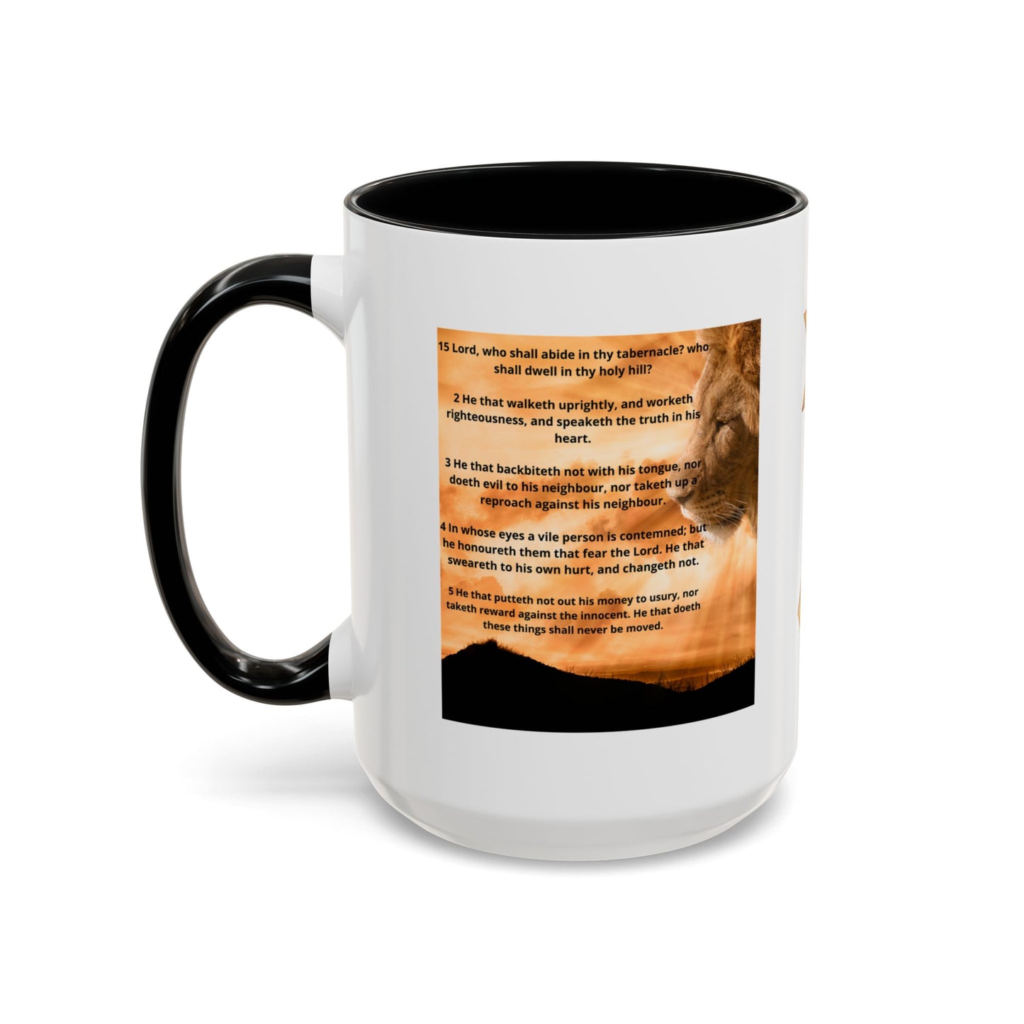 PSALM 15 ENG / SPA Inspirational Lion Accent Coffee Mug | Faith Mug, Motivational Gift, Nature Lover's Cup, Home Decor, Office Drinkware