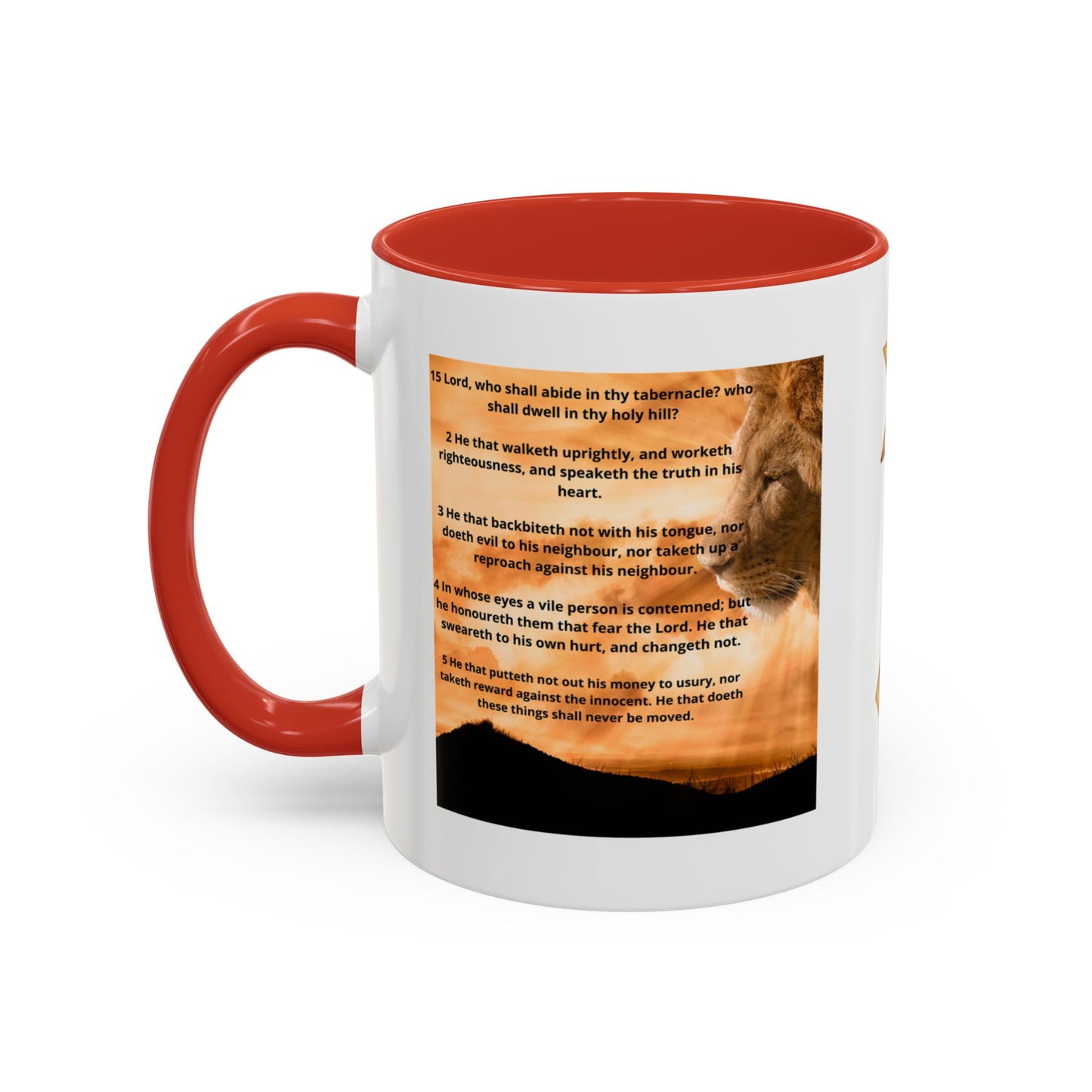 PSALM 15 ENG / SPA Inspirational Lion Accent Coffee Mug | Faith Mug, Motivational Gift, Nature Lover's Cup, Home Decor, Office Drinkware