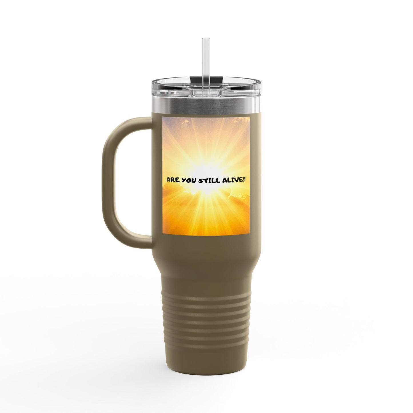 40oz Insulated Travel Mug — Cute Kawaii Face "Live" Design, Large Vacuum Tumbler with Straw