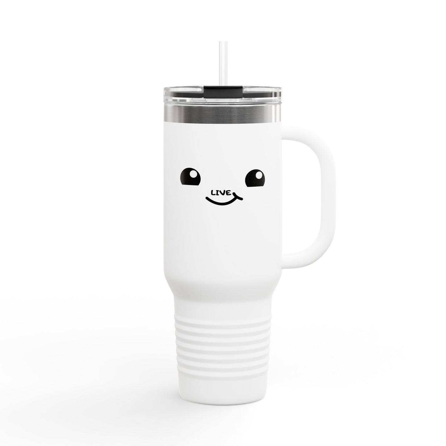 40oz Insulated Travel Mug — Cute Kawaii Face "Live" Design, Large Vacuum Tumbler with Straw