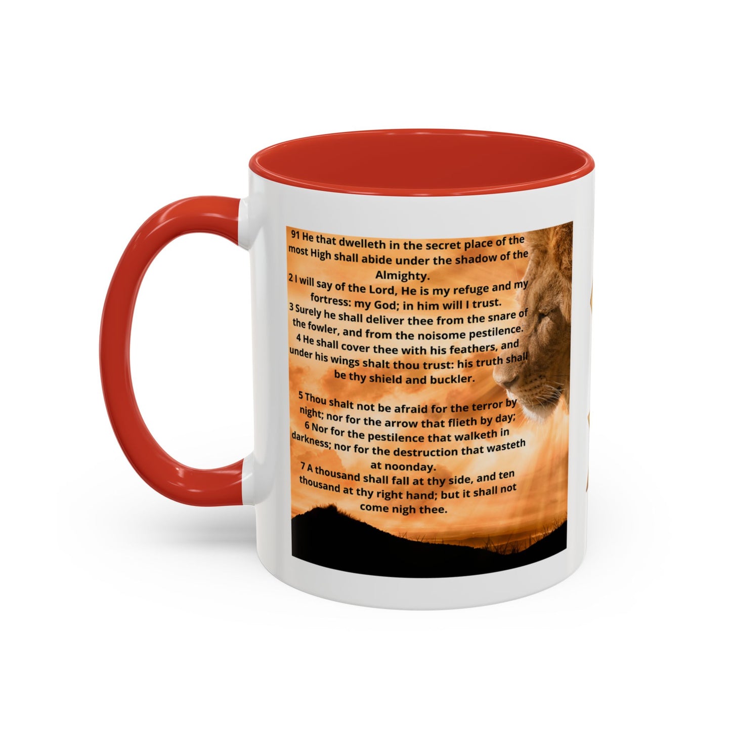 PSALM 91 Inspirational Lion Accent Coffee Mug | Motivational Gift, Scripture Mug, Unique Home Decor, Faith-Based Coffee Cup, Lion Design