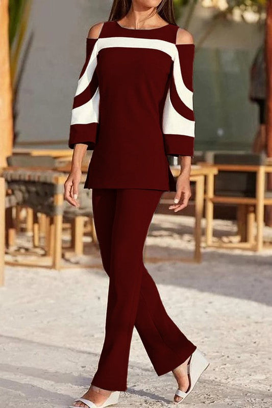Elegant set of top and pants, burgundy