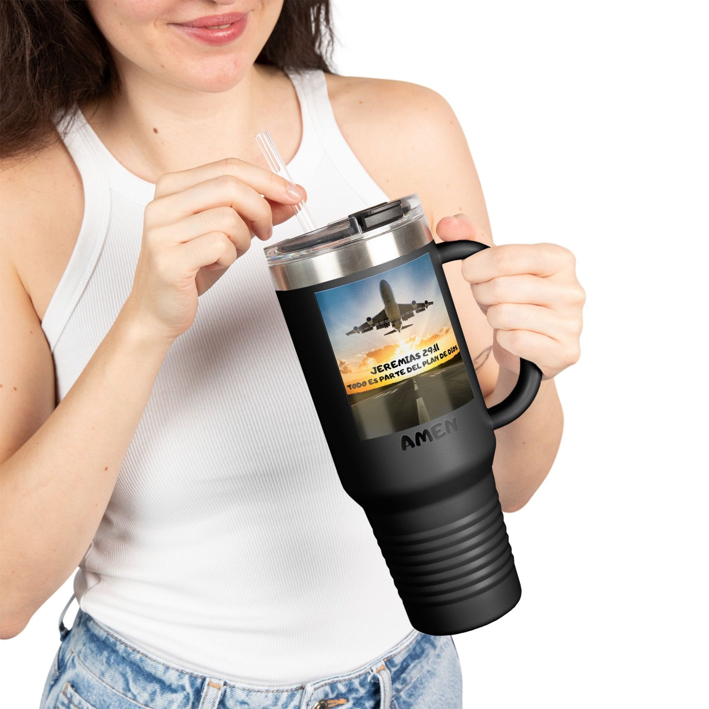 40oz Insulated Travel Mug — Airplane Sunset Design with "Amen" & Jeremiah 29:11 Verse