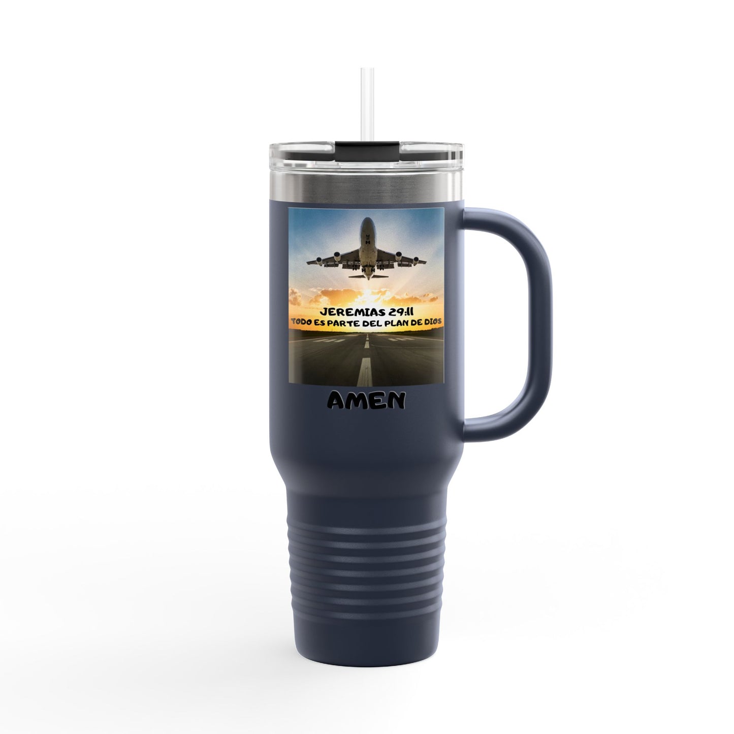 40oz Insulated Travel Mug — Airplane Sunset Design with "Amen" & Jeremiah 29:11 Verse