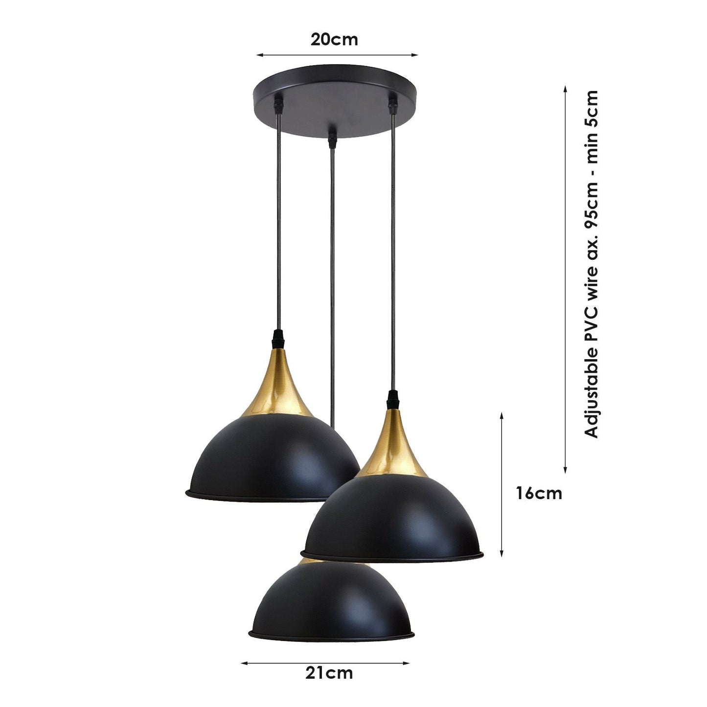 Retro Industrial 3Way Hanging Ceiling Pendant Light Black Dome Shape