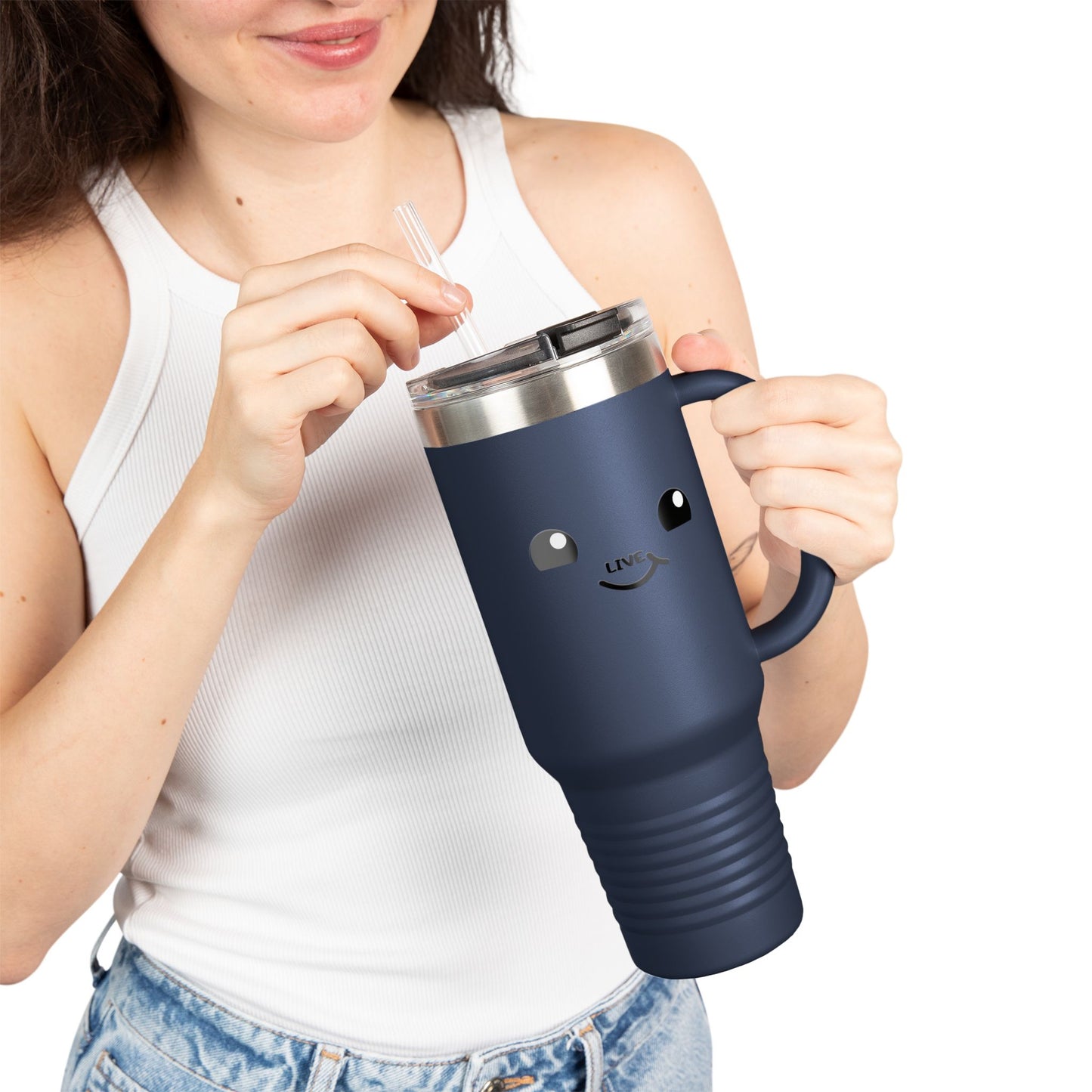 40oz Insulated Travel Mug — Cute Kawaii Face "Live" Design, Large Vacuum Tumbler with Straw