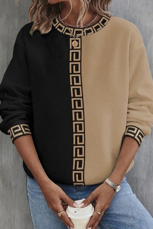 Loose Top with geometric print, black and beige