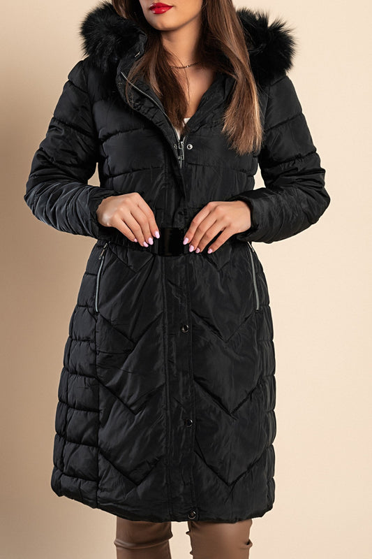 Plus size daljša prešita bunda s kapuco, črna