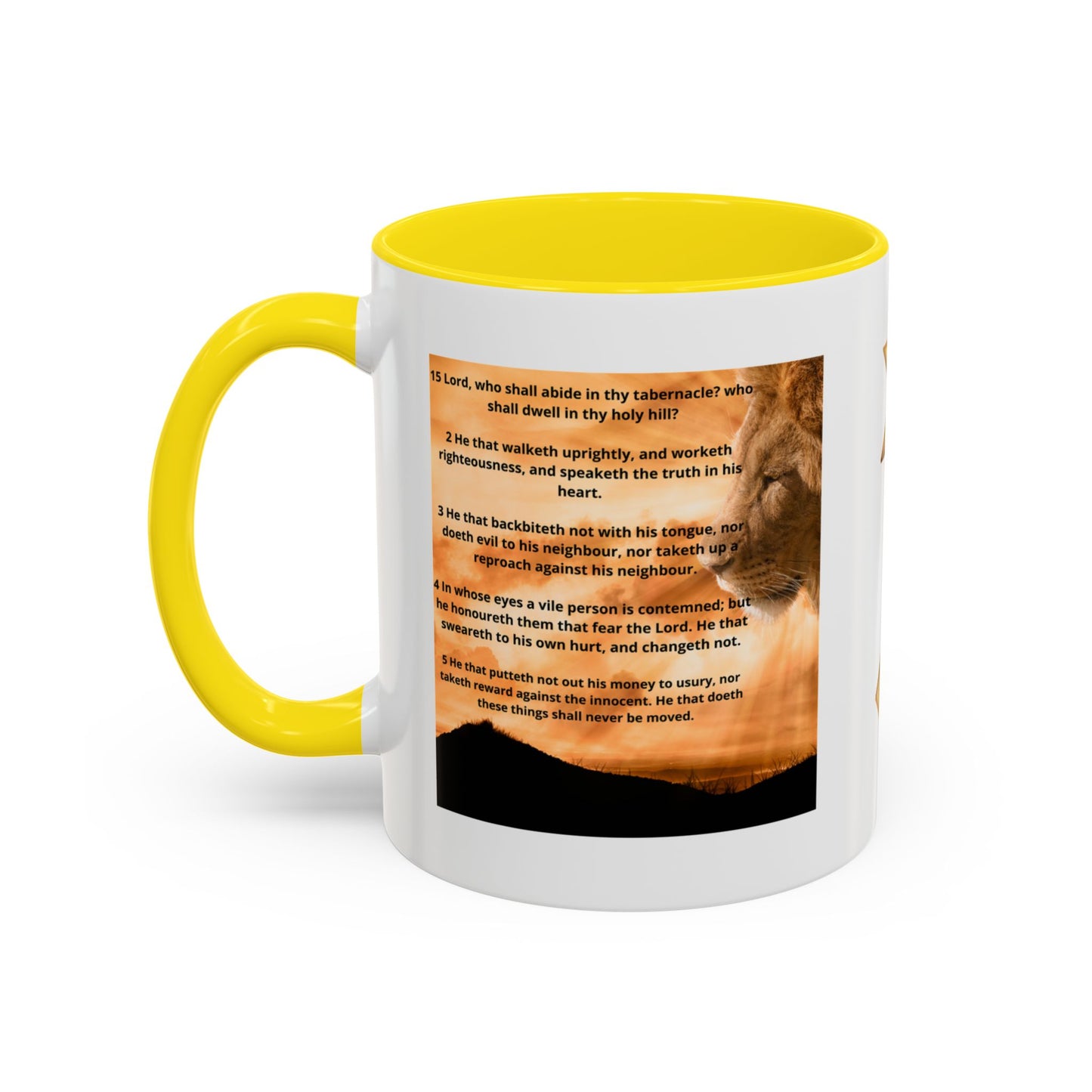 PSALM 15 ENG / SPA Inspirational Lion Accent Coffee Mug | Faith Mug, Motivational Gift, Nature Lover's Cup, Home Decor, Office Drinkware