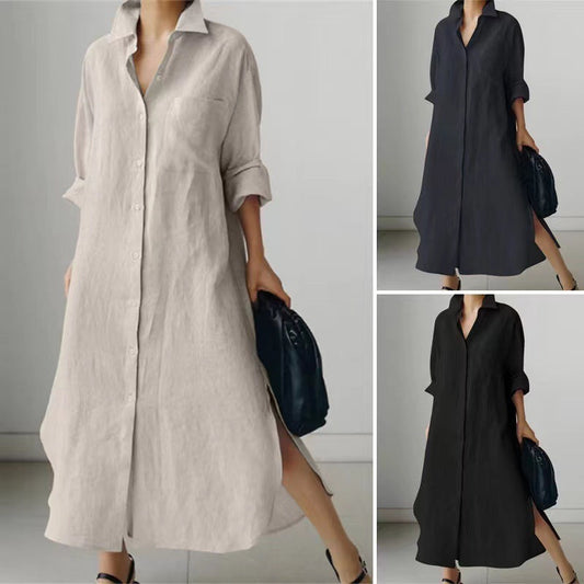 Women's Slit Shirt Dress Solid Color Long-sleeved Cardigan Irregular