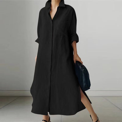 Women's Slit Shirt Dress Solid Color Long-sleeved Cardigan Irregular