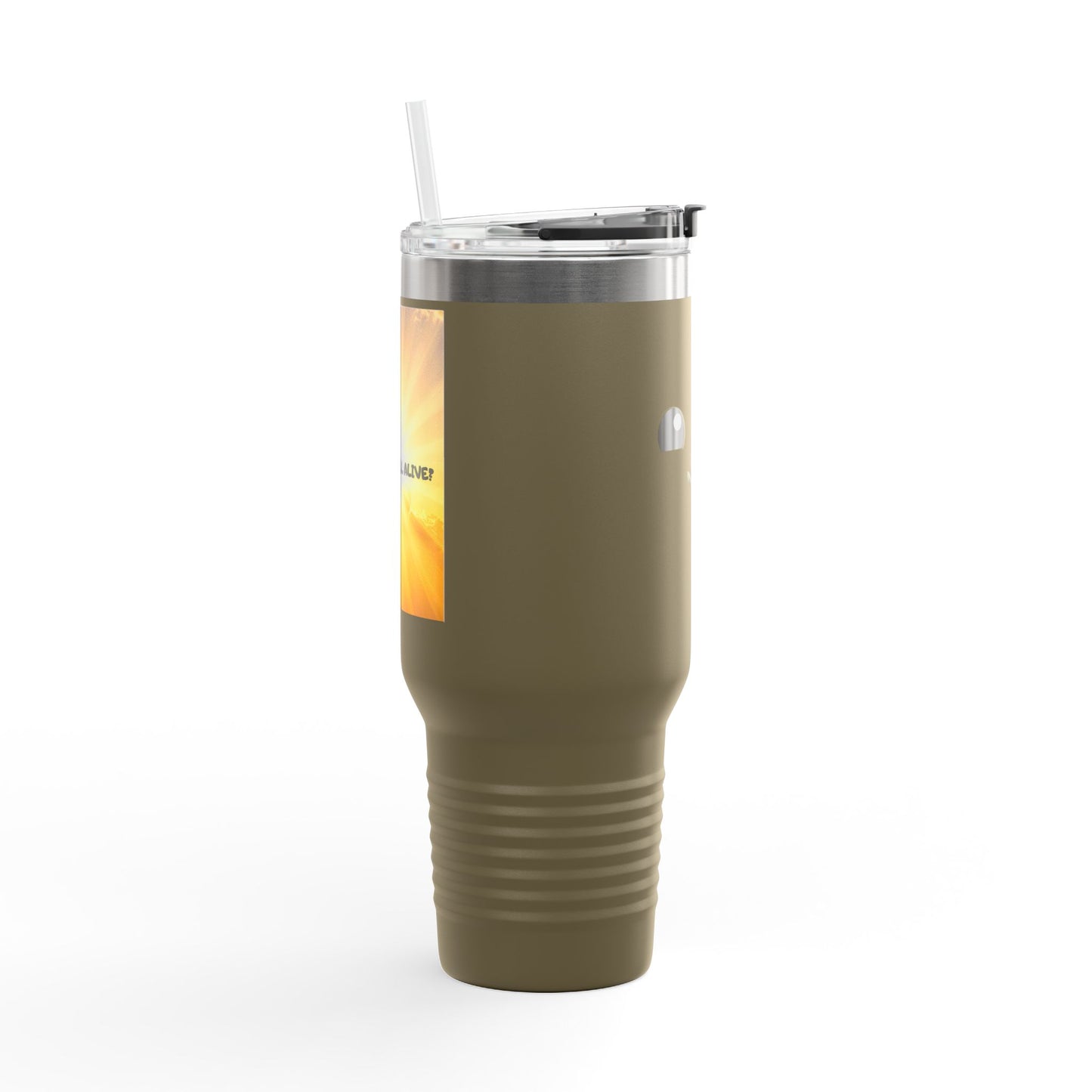 40oz Insulated Travel Mug — Cute Kawaii Face "Live" Design, Large Vacuum Tumbler with Straw