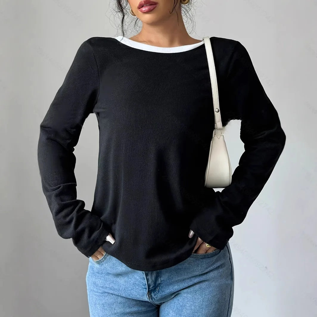 Women's Trendy Round Neck Two-Piece Illusionknit T-Shirt Full Sleeve