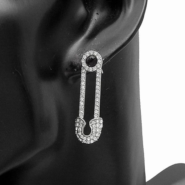 Safety Pin Rhinestone Dangle Long Earrings