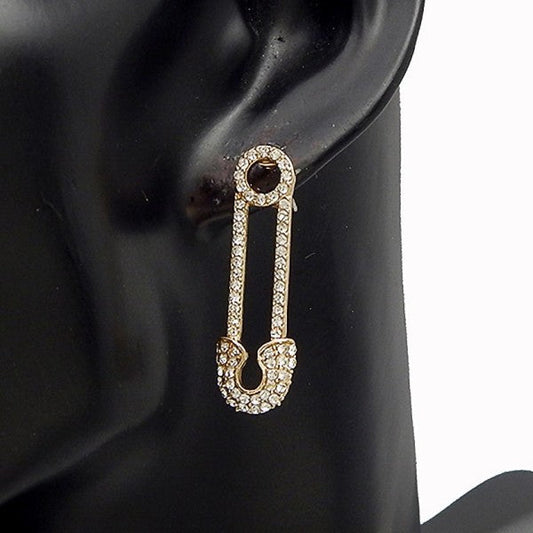 Safety Pin Rhinestone Dangle Long Earrings