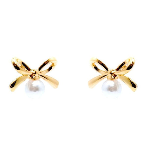 Bow Ribbon w Faux Pearl Stud Earrings